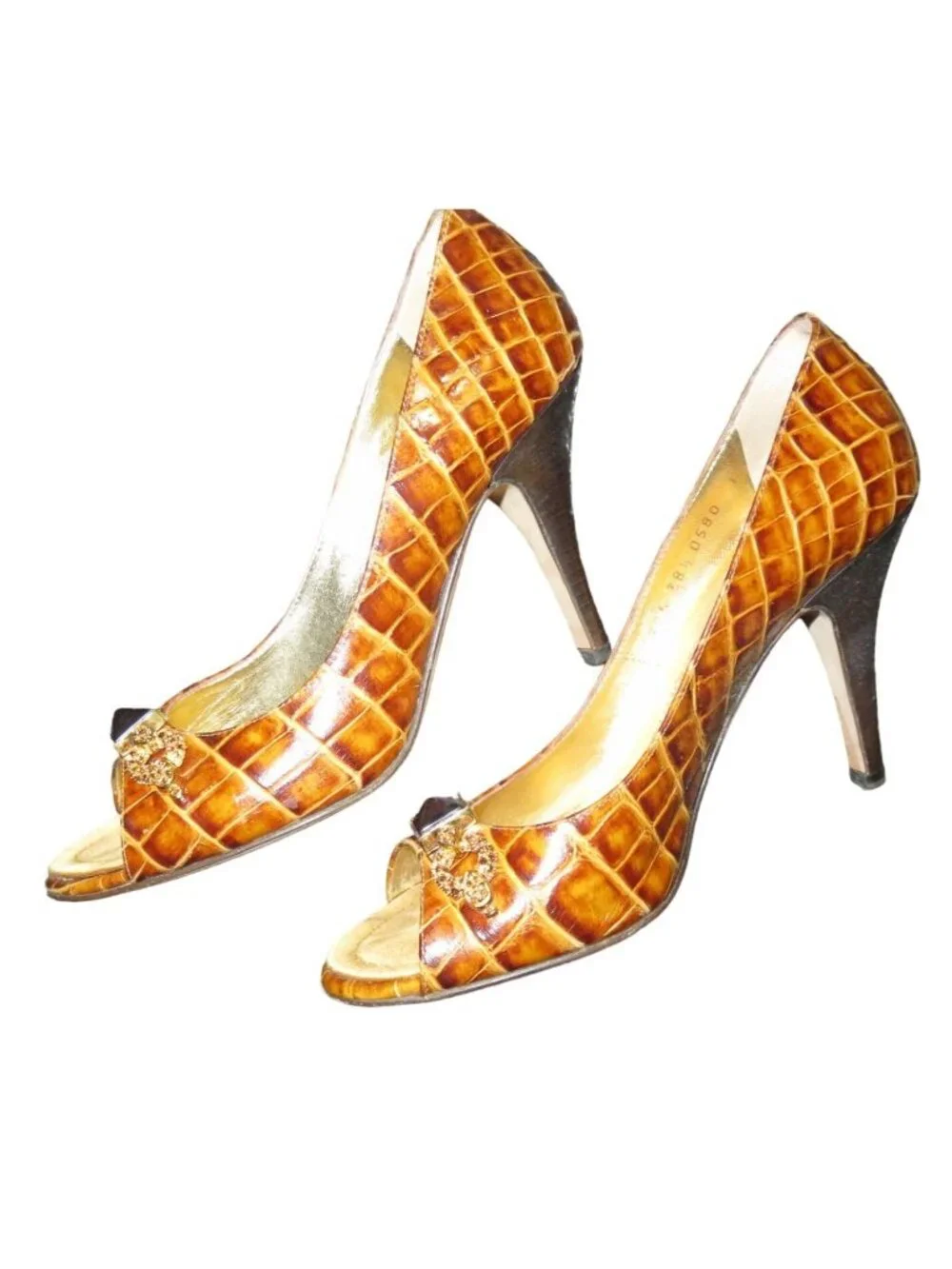 Giuseppe Zanotti Brown Croc Embossed Italian Leather Peep Toe Pumps 38.5 or 8